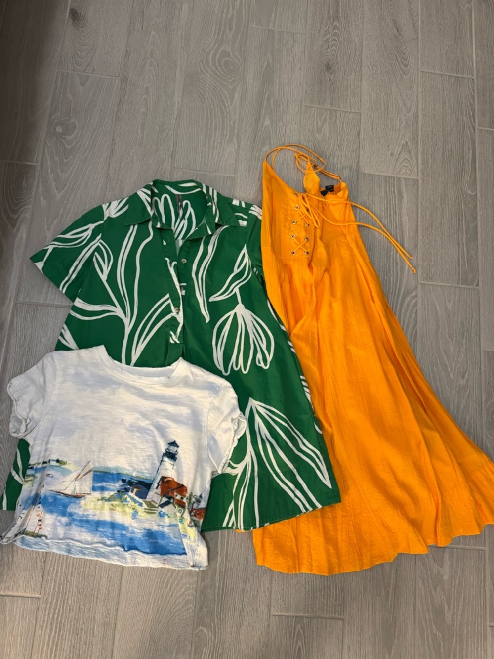 Anthropologie Yellow Halter Maxi Dress with Green White Printed Shirt